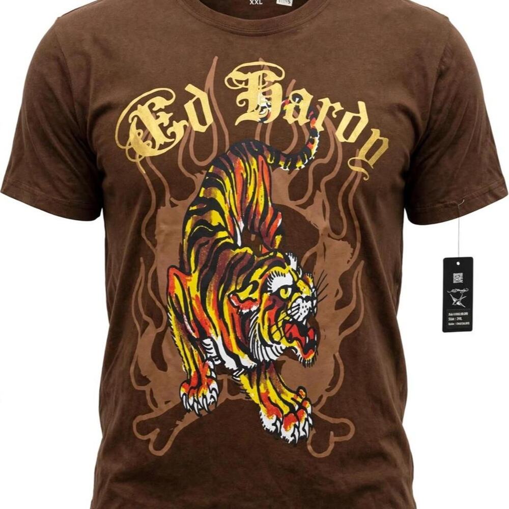 NWT Ed Hardy Tiger T-Shirt Mens XXL Brown Tiger Flames Gold Foil Graphic Y2K